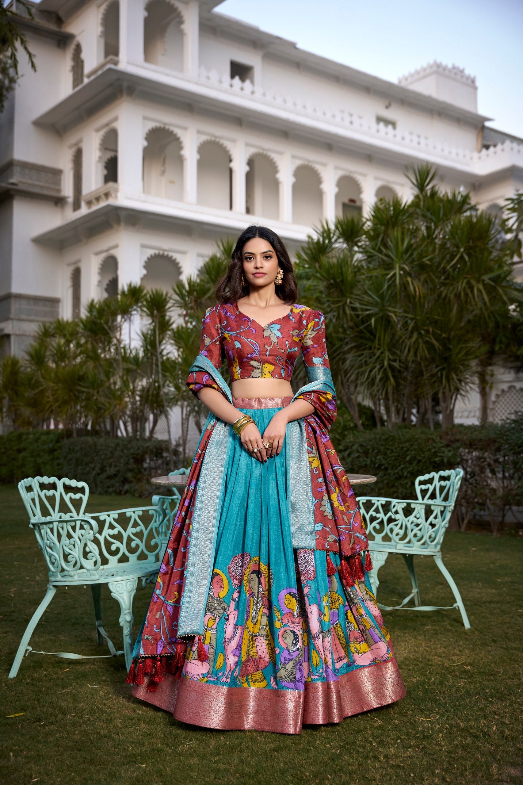Aqua Blue & Maroon  Handpainted Lehenga Set