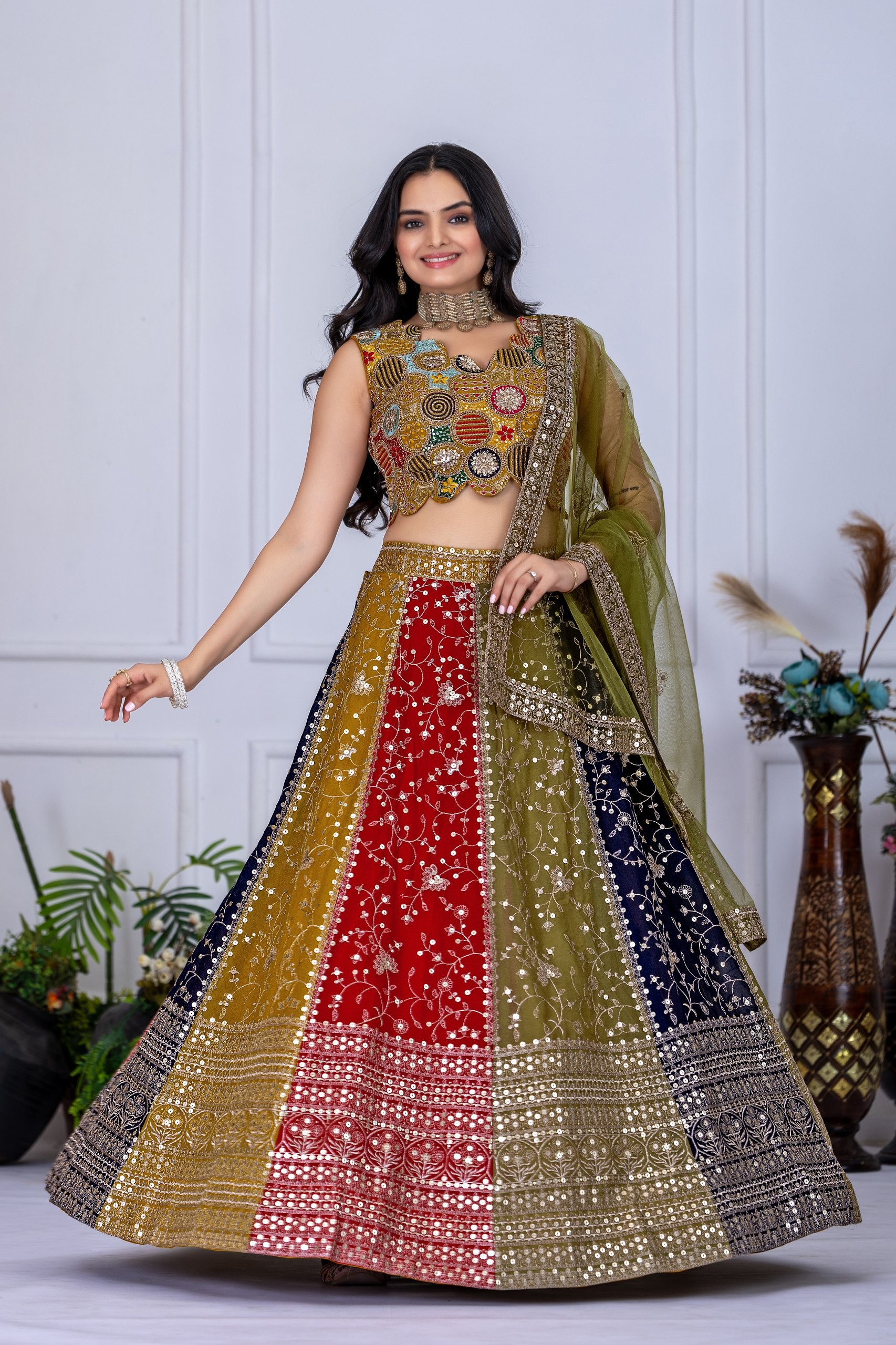 Multicolor Designer Embroidered Lehenga Choli with Dupatta