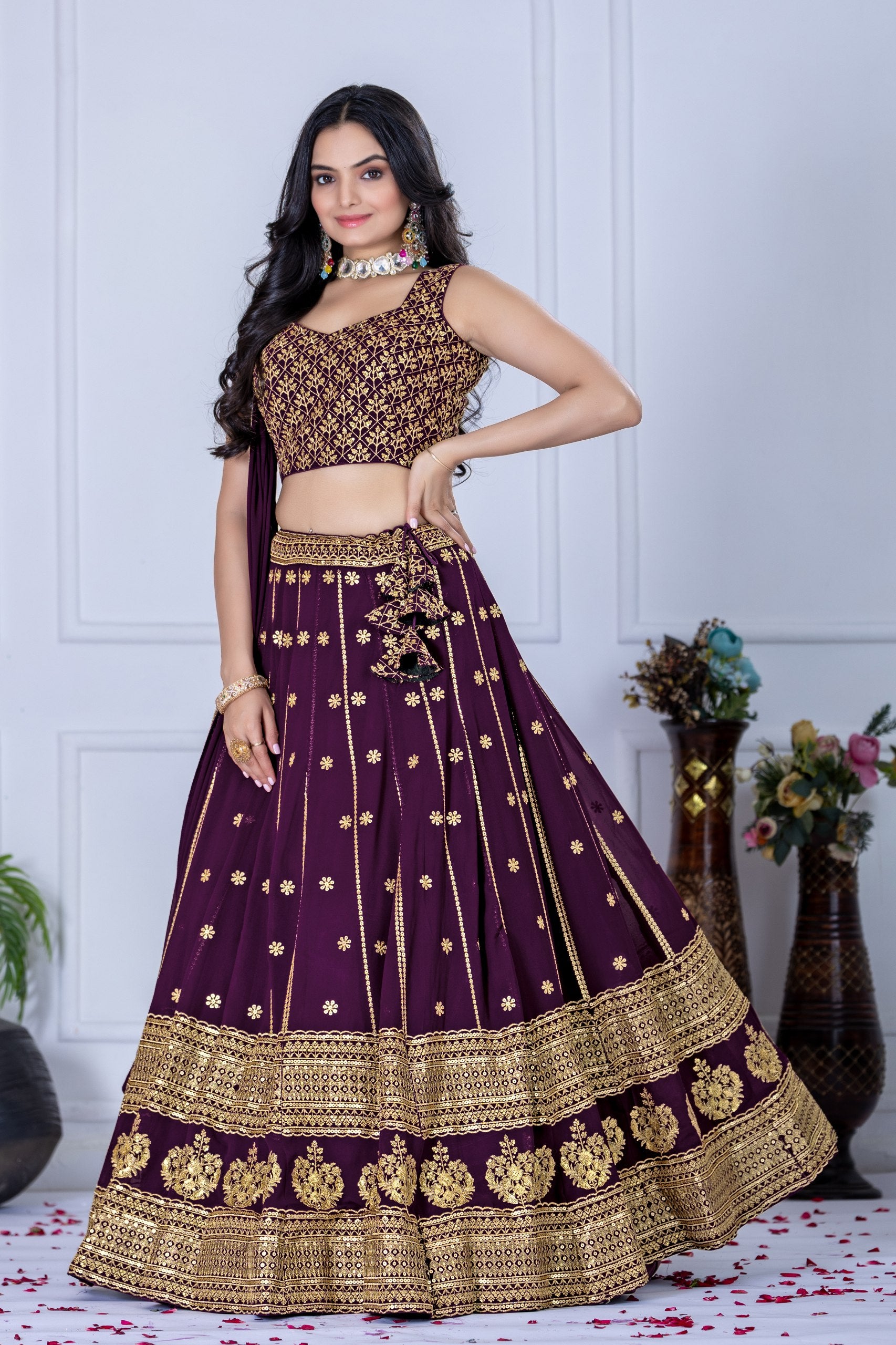 Elegant Maroon & Gold Embroidered Lehenga Choli with Dupatta