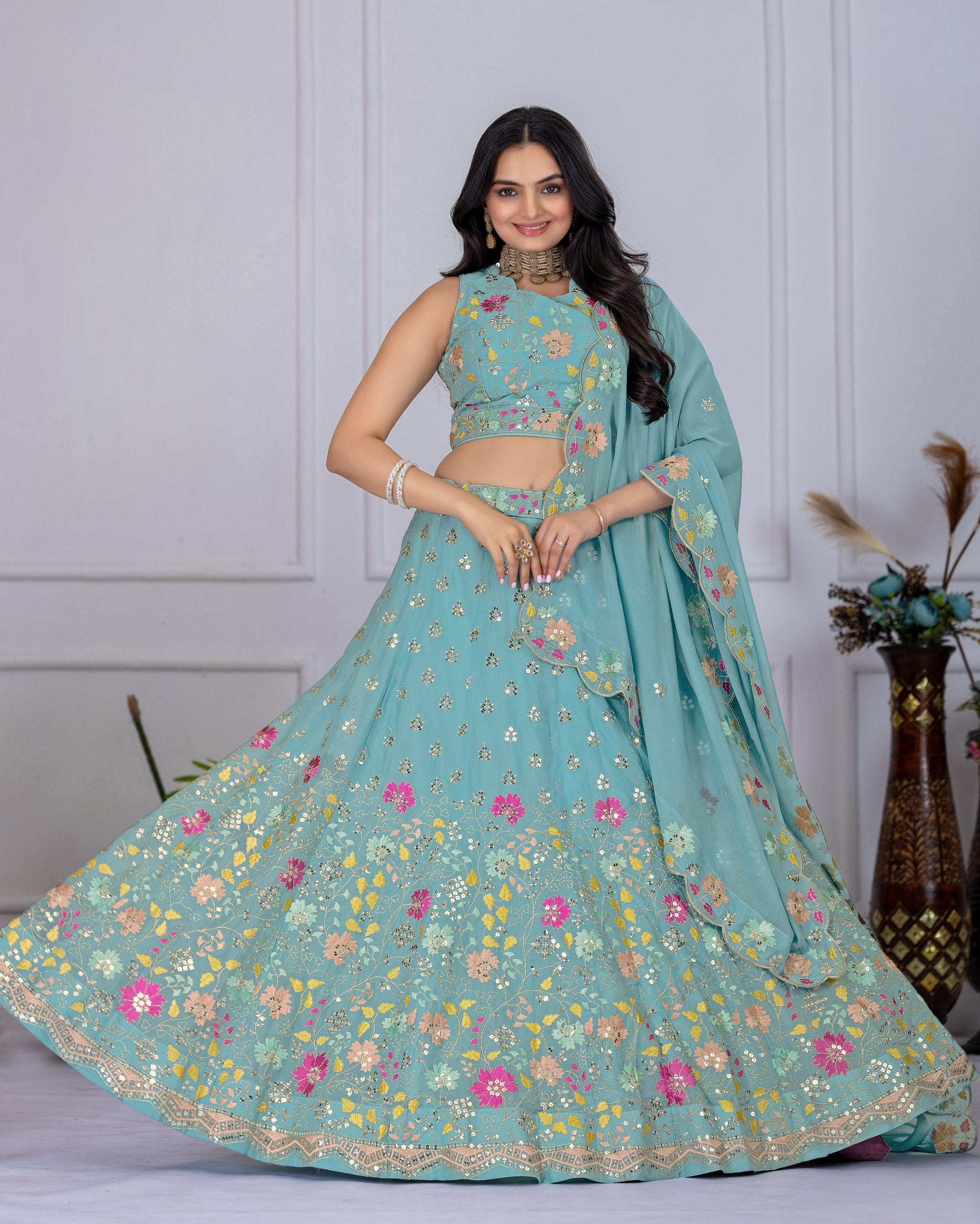 Aqua Blue Floral Embroidered Lehenga Choli with Dupatta