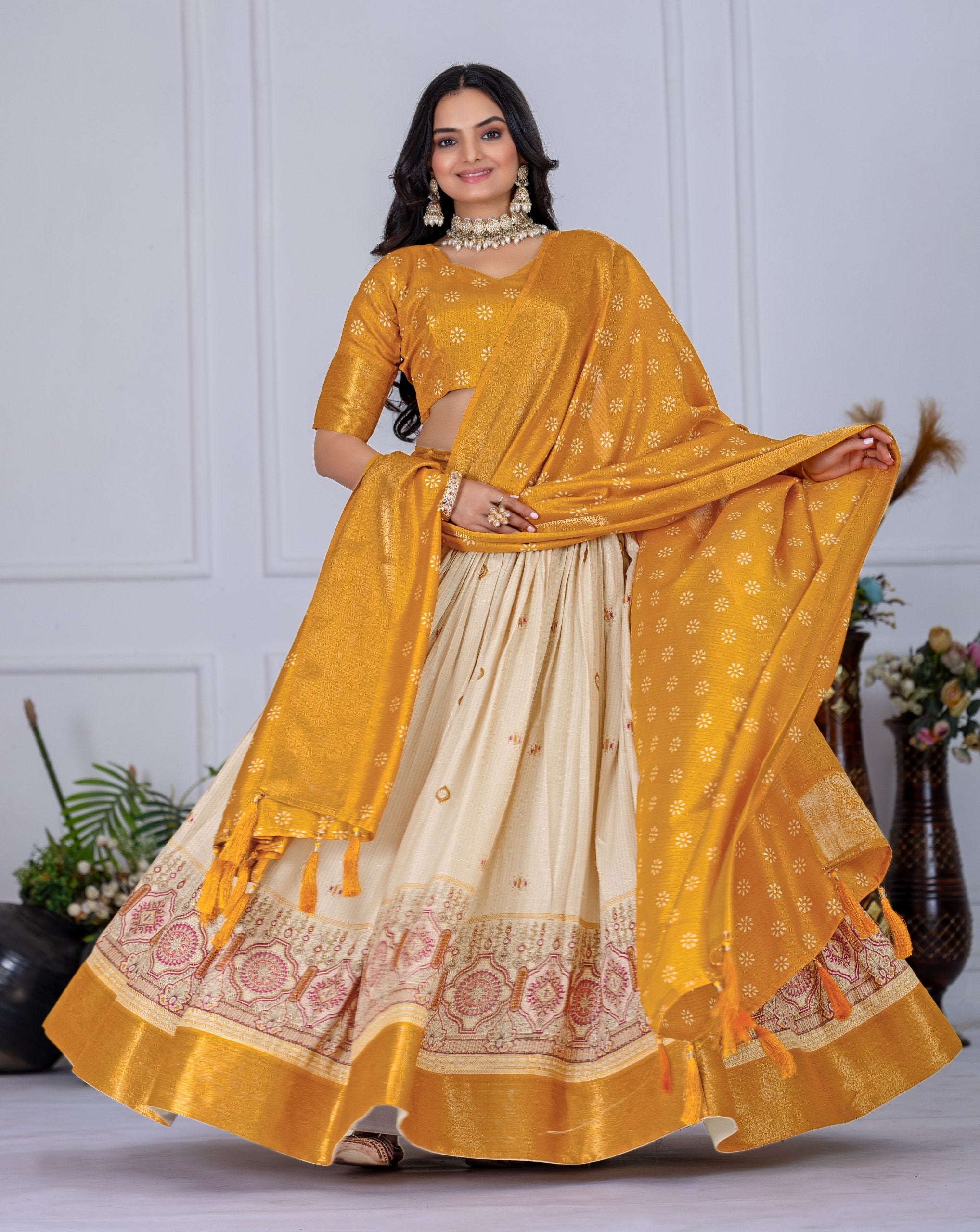 Mustard Yellow & Beige Lehenga Choli Set with Dupatta – Traditional Wear