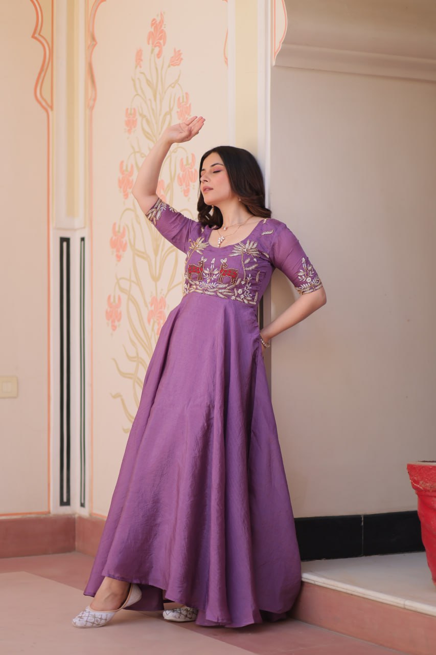 Lavender Silk Anarkali with Intricate Wildlife Embroidery