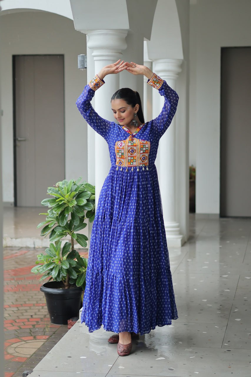 Traditional Bandhani Print Long Gown with Embroidered Yoke