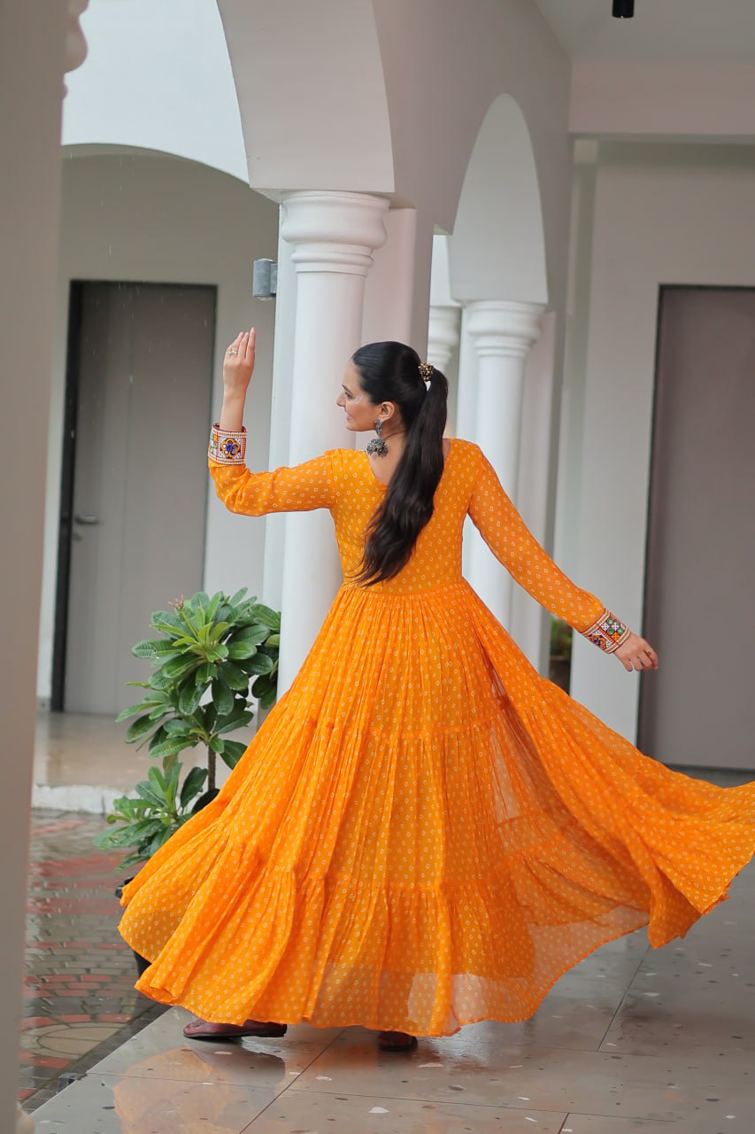 Bright Yellow Bandhani Long Gown with Kutchi Embroidery