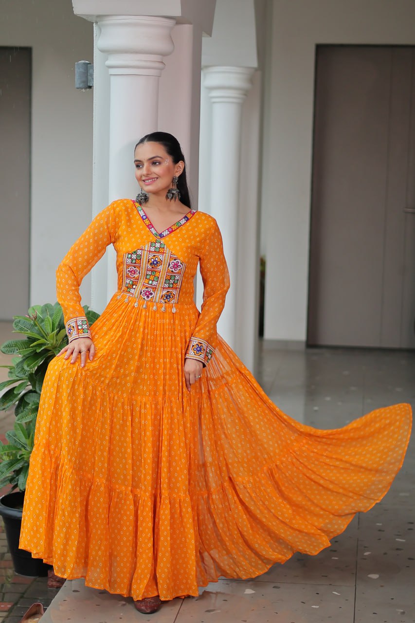 Bright Yellow Bandhani Long Gown with Kutchi Embroidery