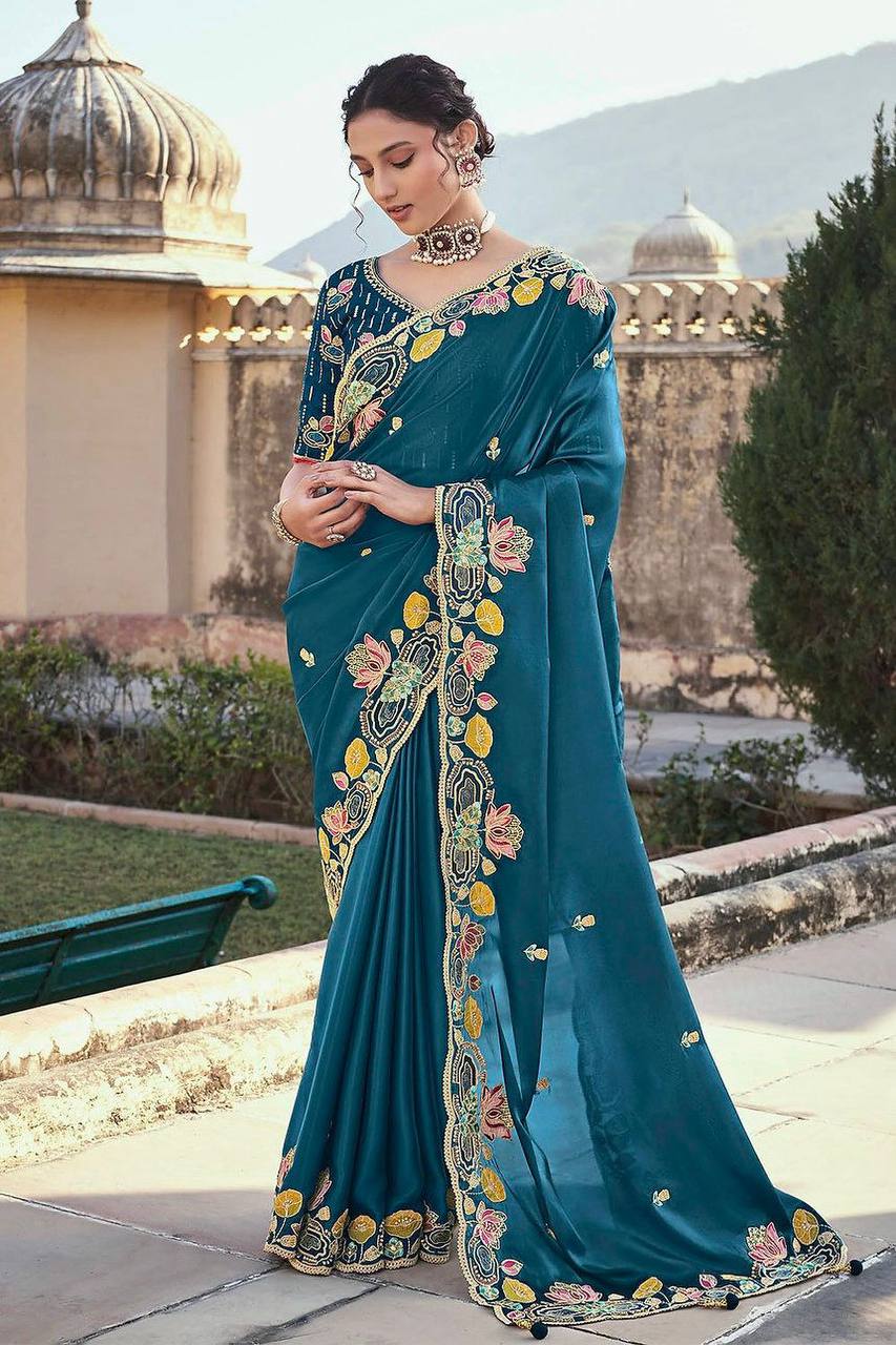 Elegant Teal Blue Embroidered Georgette Saree with Designer Blouse