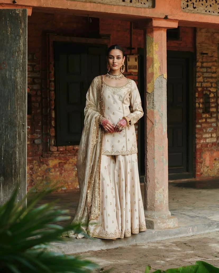 Ivory Gold Traditional Sharara Set with Hand Embroidery