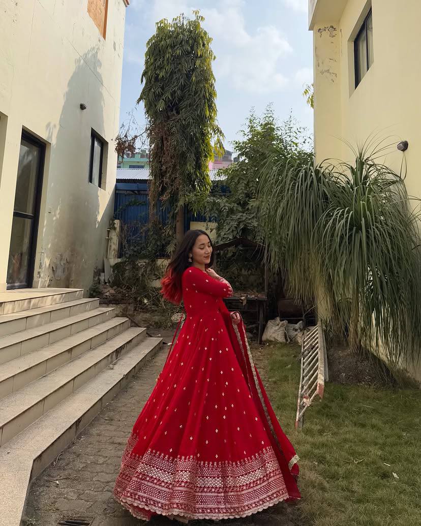 Crimson Red Zari Embroidered Anarkali Set