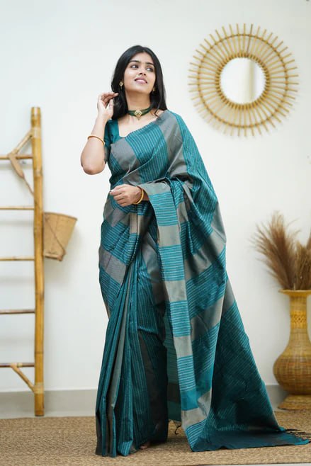 Teal Green Minimalist Silk Saree