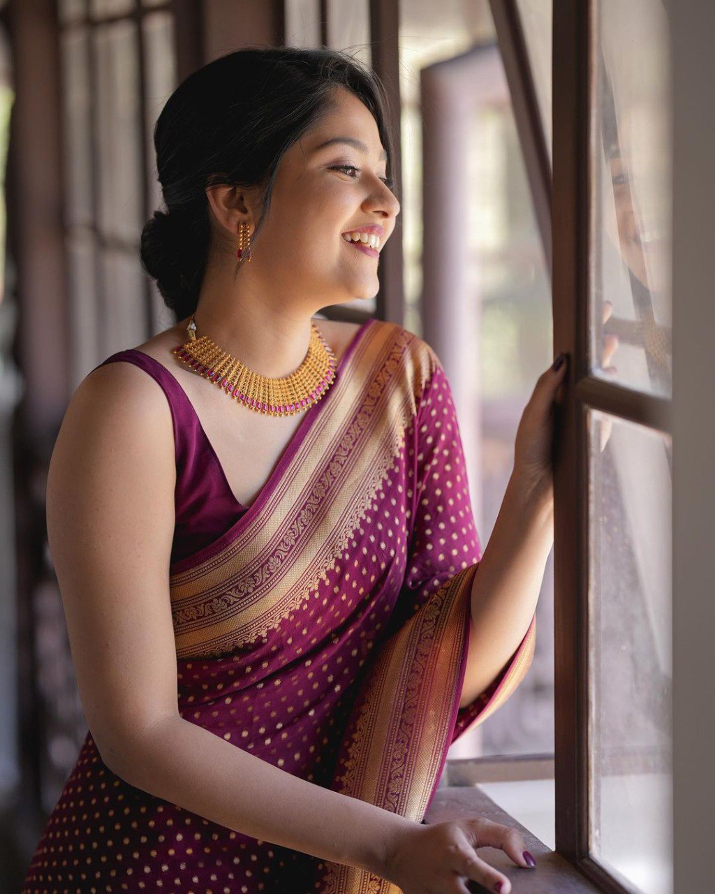 Maroon Bandhani-Inspired Saree with Zari Border