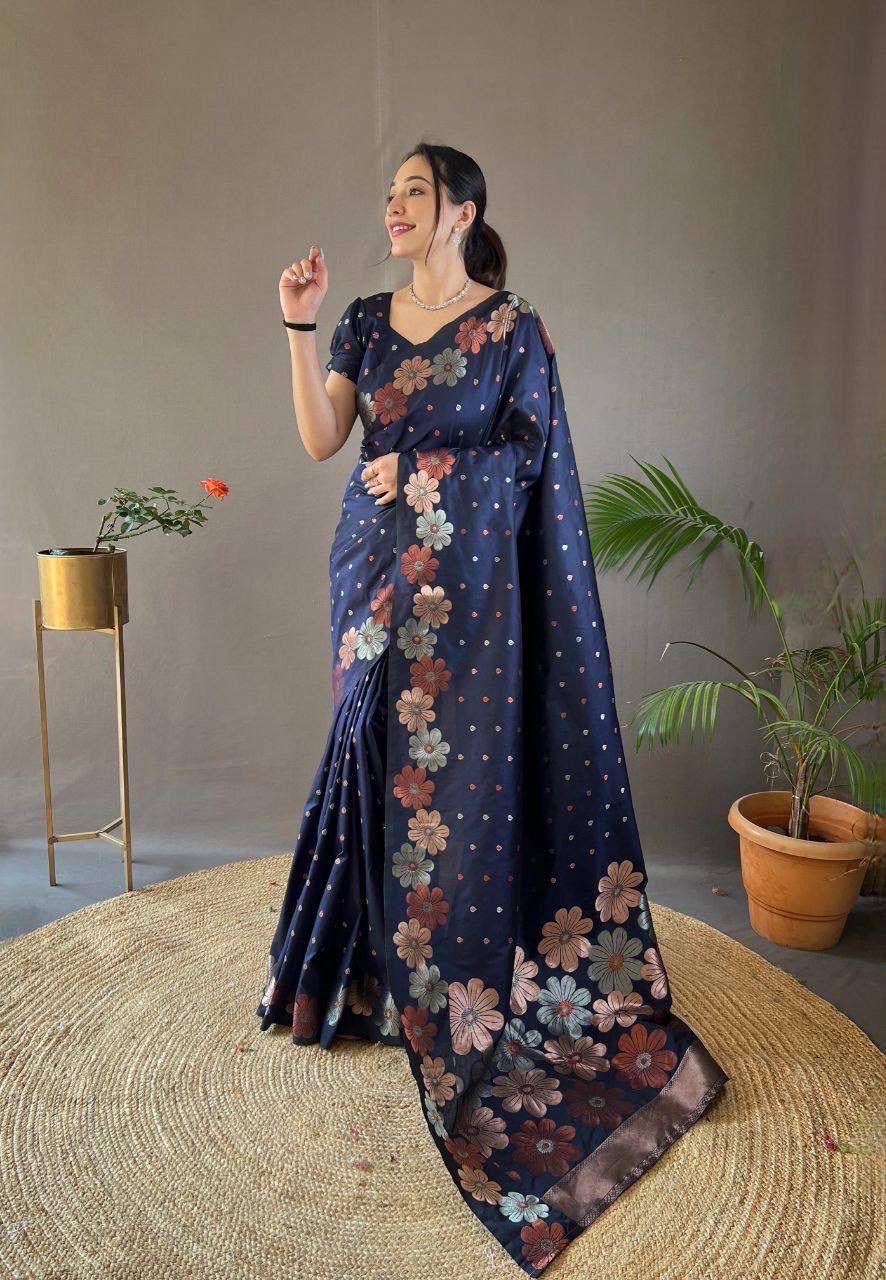 Navy Blue Zari Silk Saree