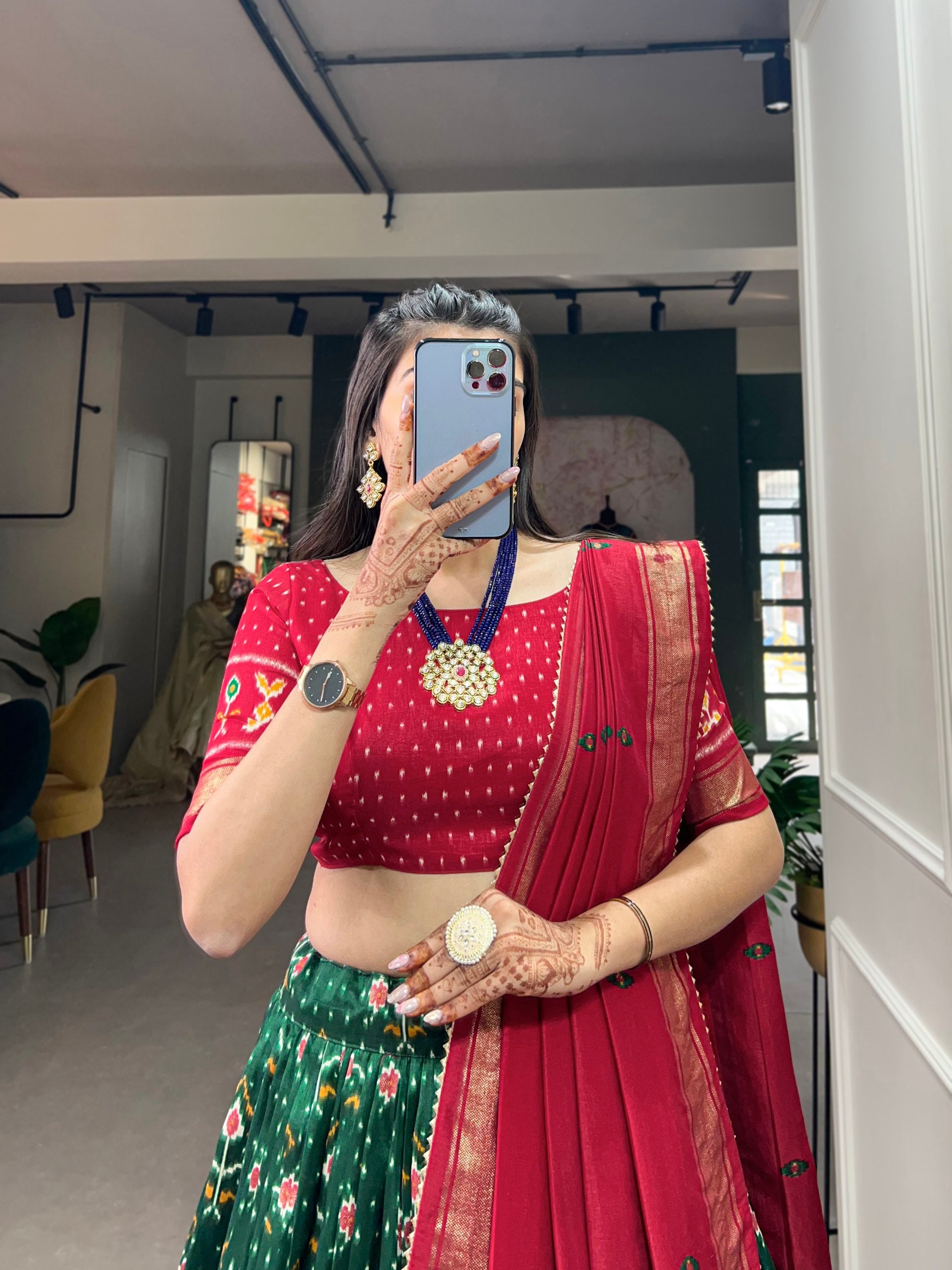 Traditional Green & Maroon Patola Print Lehenga Set