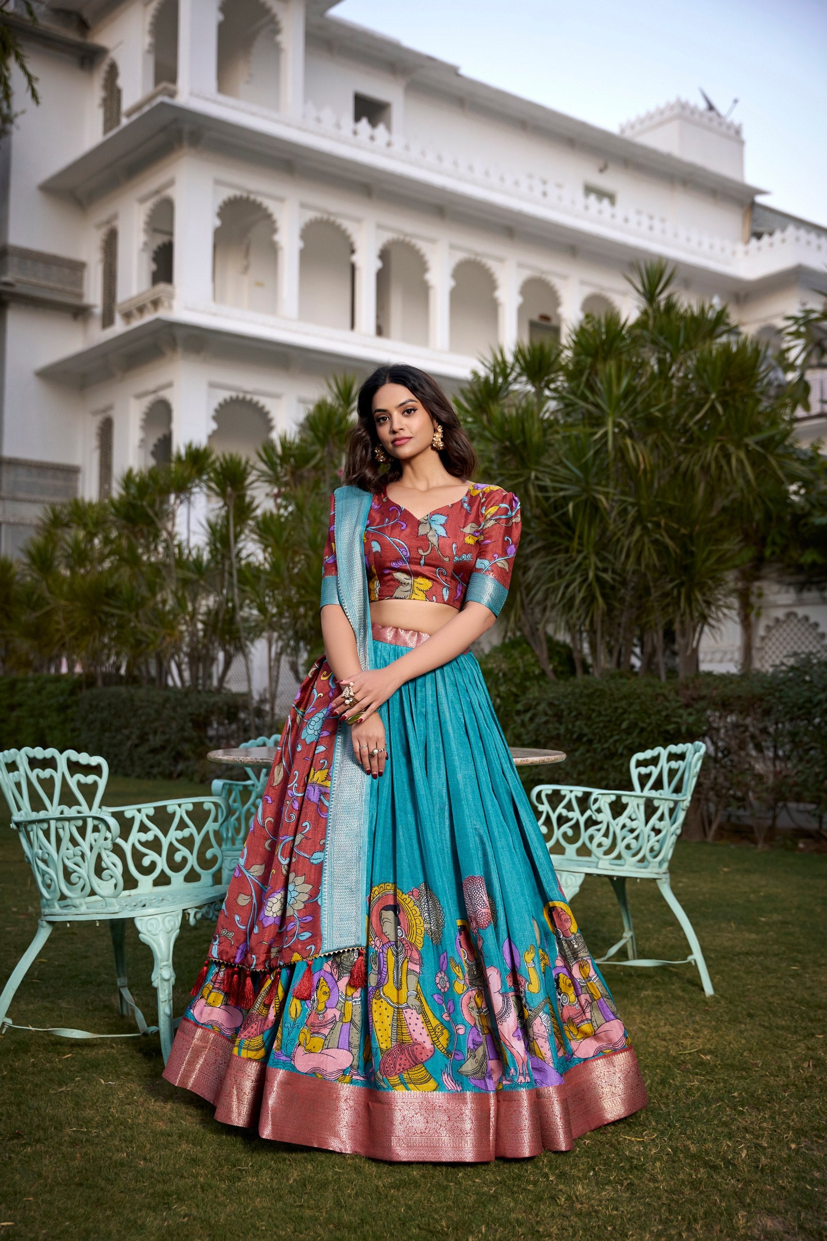 Aqua Blue & Maroon  Handpainted Lehenga Set