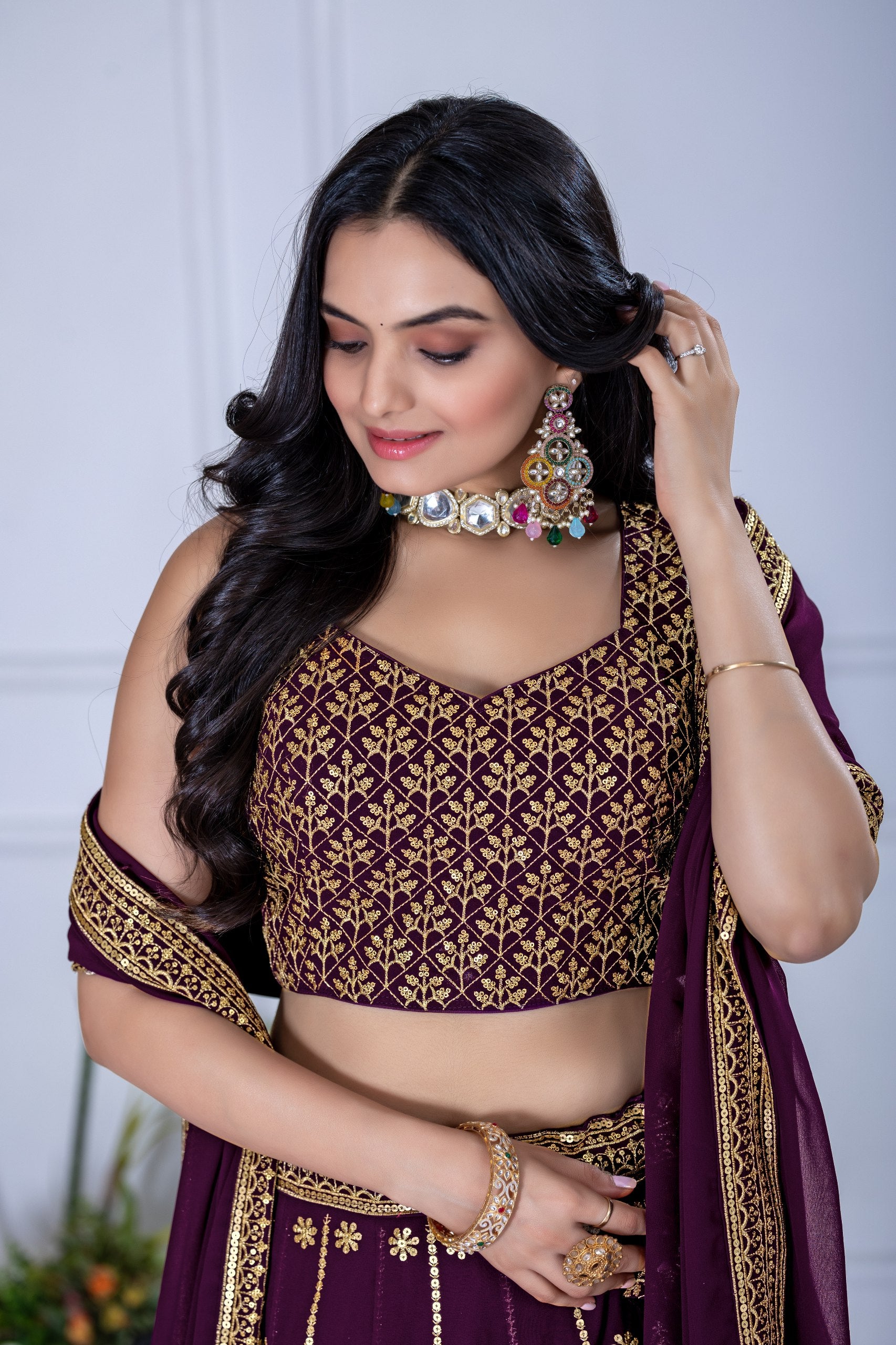 Elegant Maroon & Gold Embroidered Lehenga Choli with Dupatta