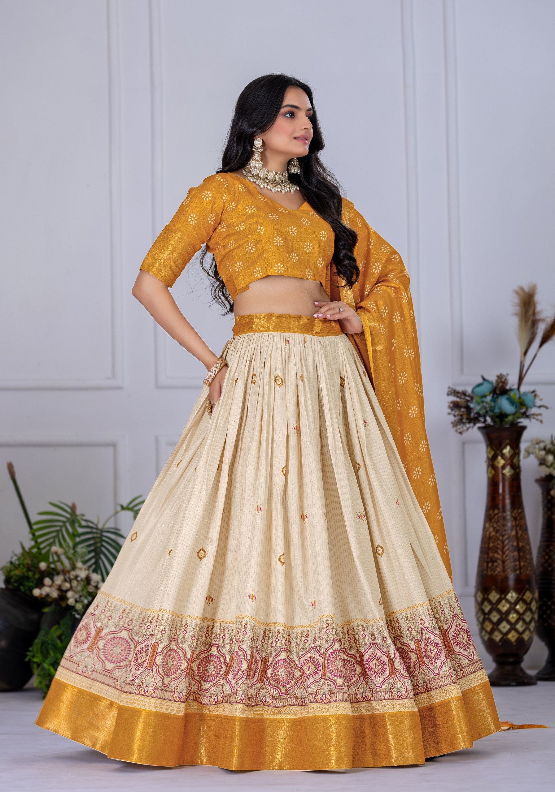 Mustard Yellow & Beige Lehenga Choli Set with Dupatta – Traditional Wear
