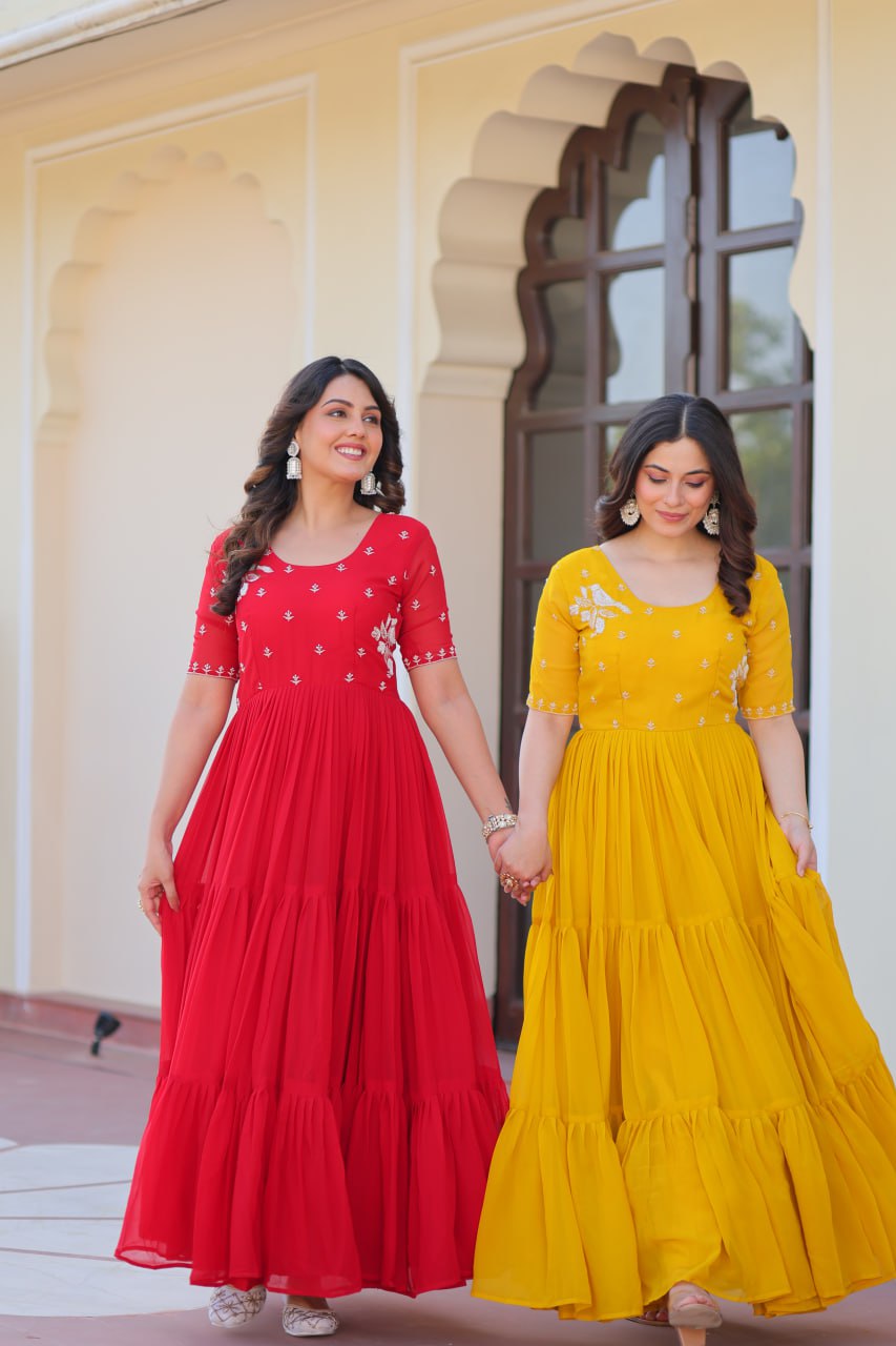 Festive Tiered Gowns in Sunshine Yellow & Scarlet Red