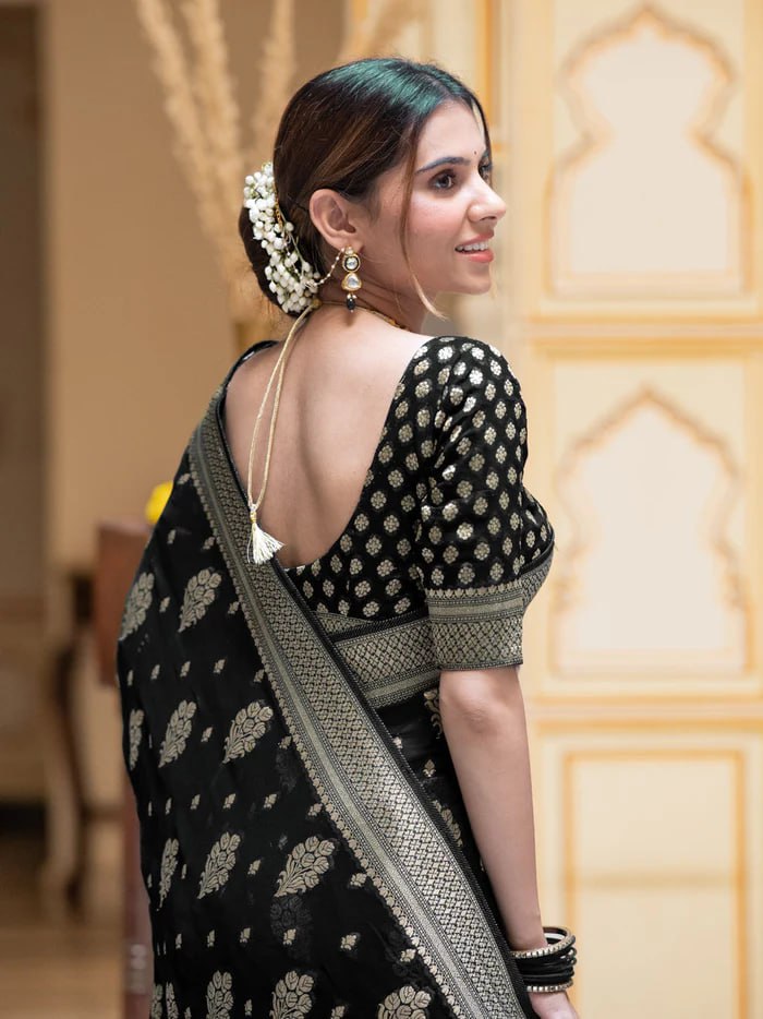 Deep Black Base with Gold Zari Buti Work