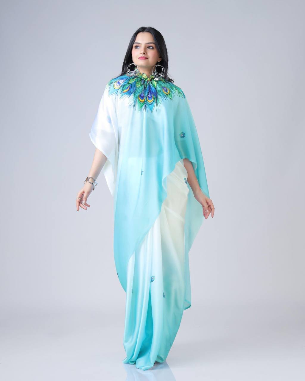 White & Aqua Blue Ombre Saree with Peacock Feather Art