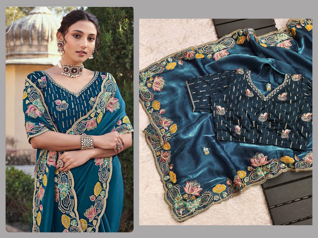 Elegant Teal Blue Embroidered Georgette Saree with Designer Blouse