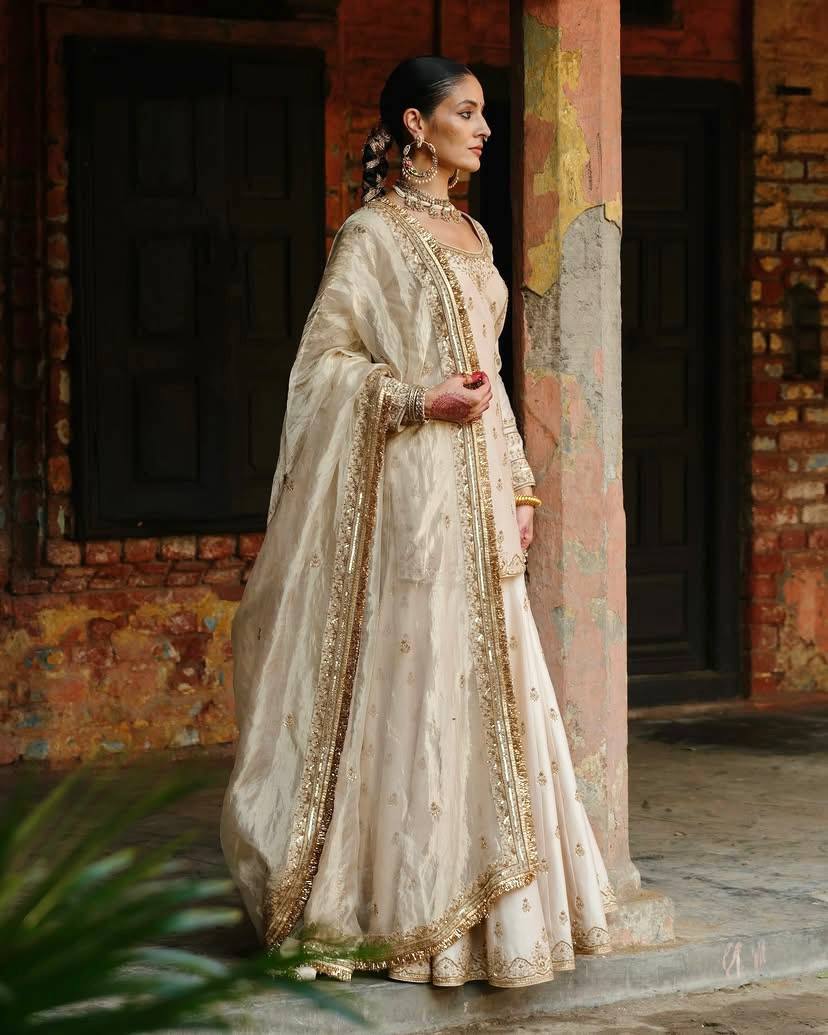 Ivory Gold Traditional Sharara Set with Hand Embroidery