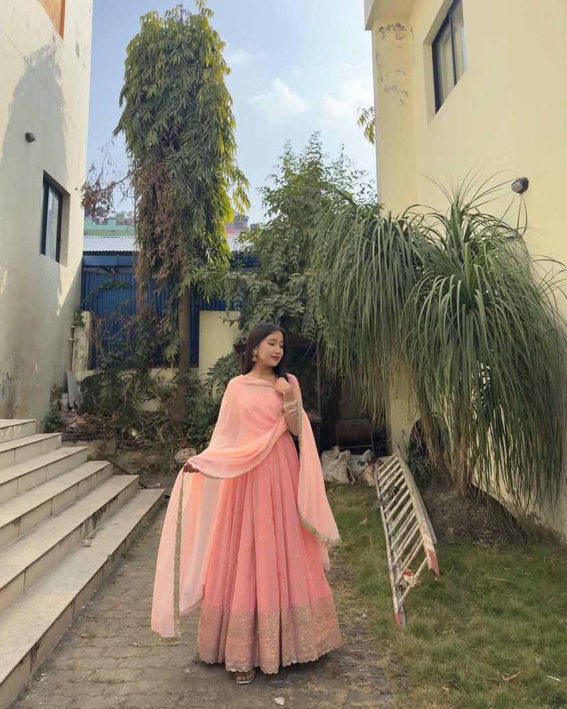 Blush Peach Embroidered Anarkali Set with Mirror Detailing