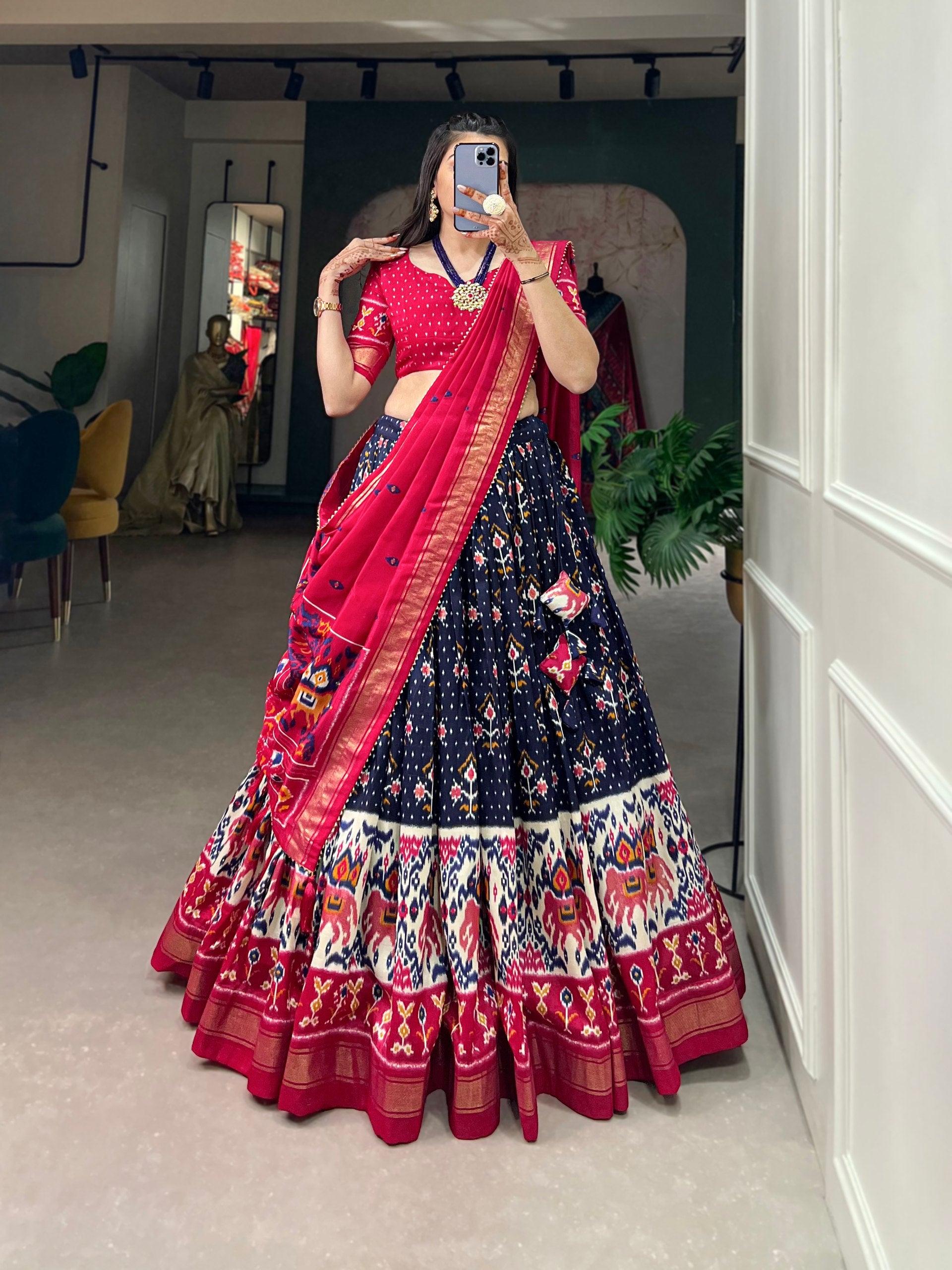Navy Blue & Maroon Traditional Patola Lehenga Choli Set