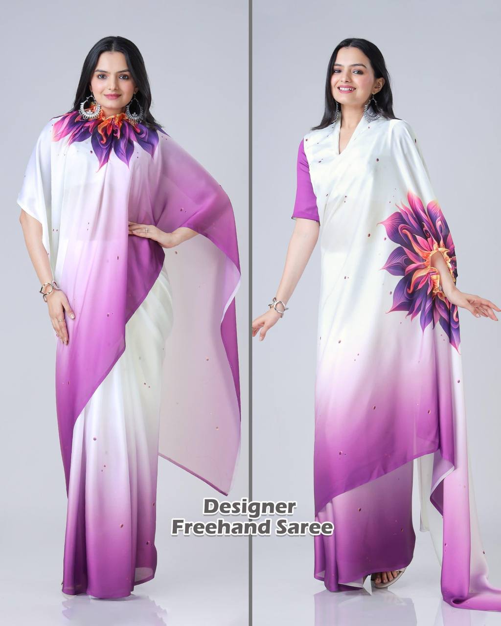 White & Violet Ombre Saree with Bold Floral Accent
