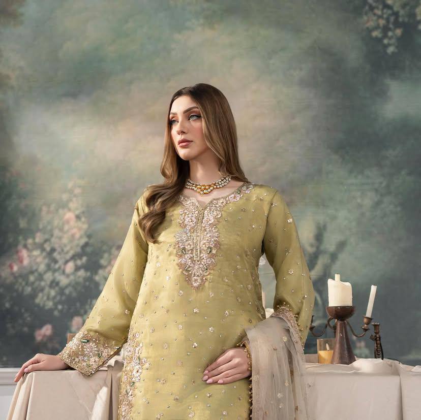 Pistachio Green Heavy Embroidered Straight Suit with Net Dupatta