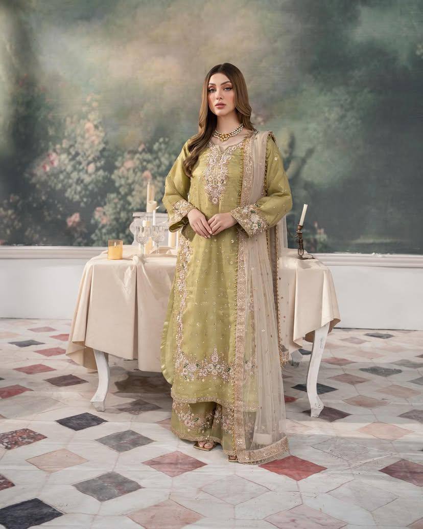 Pistachio Green Heavy Embroidered Straight Suit with Net Dupatta
