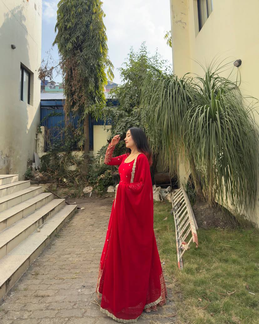 Crimson Red Zari Embroidered Anarkali Set