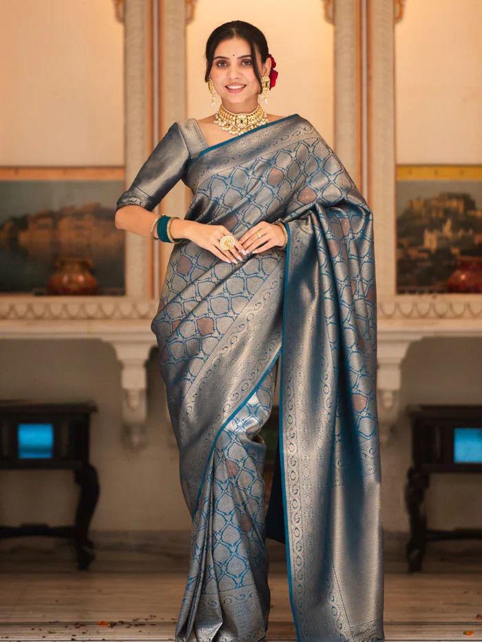 Steel Blue Woven Banarasi Saree