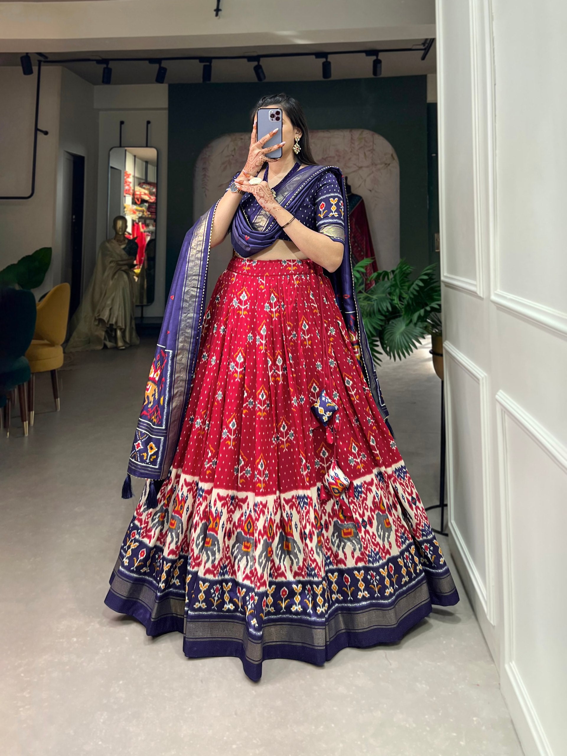 Red & Navy Blue Patola Print Lehenga Choli Set