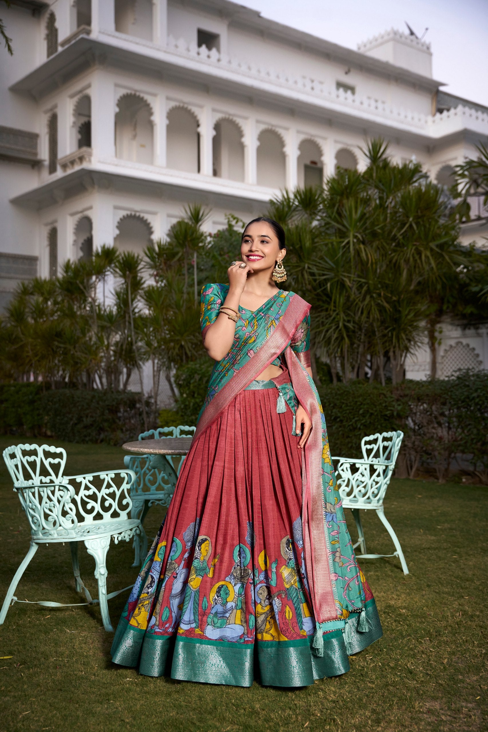 Maroon & Sea Green Handpainted Lehenga Set