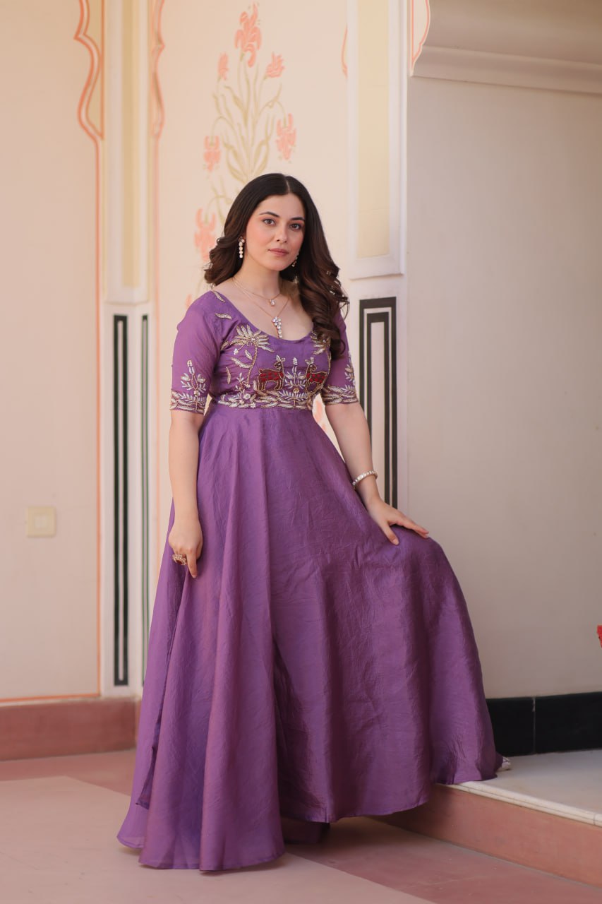 Lavender Silk Anarkali with Intricate Wildlife Embroidery