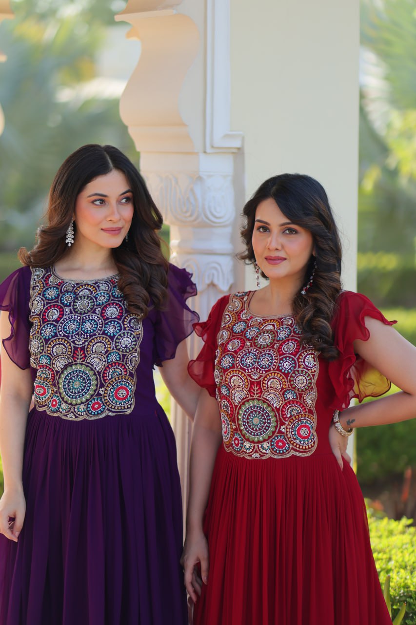 Stylish Embroidered Flared Gown Dress for Women