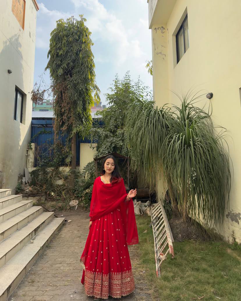 Crimson Red Zari Embroidered Anarkali Set