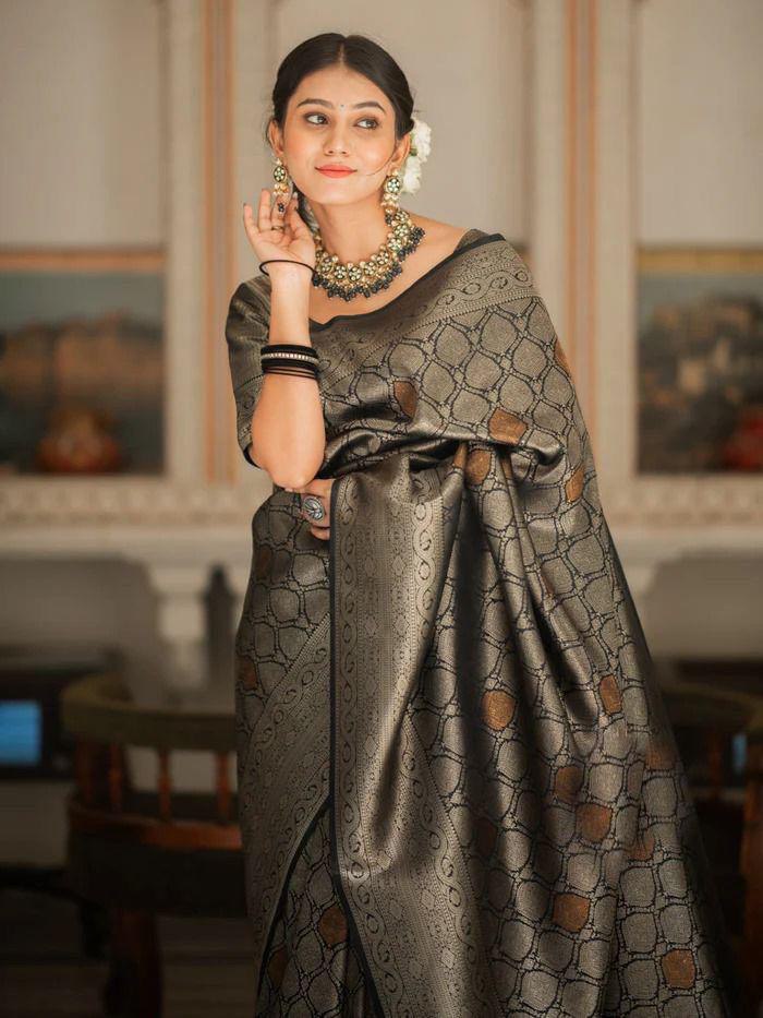 Charcoal Black Woven Silk Saree