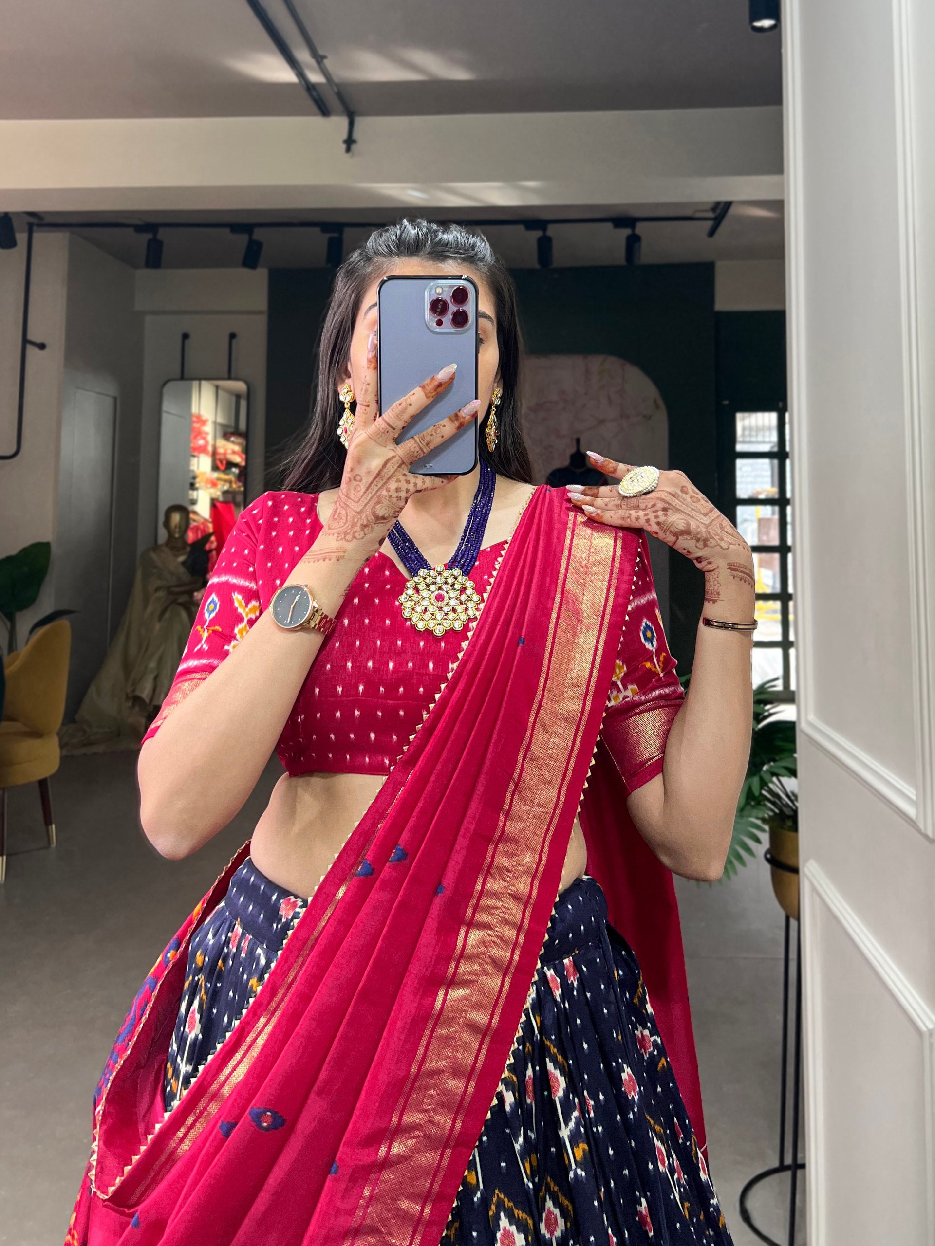 Navy Blue & Maroon Traditional Patola Lehenga Choli Set