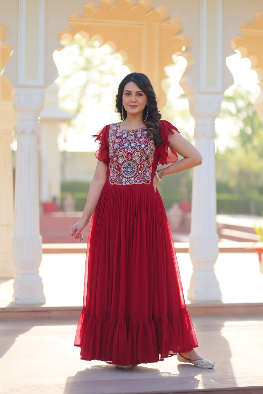 Stylish Embroidered Flared Gown Dress for Women