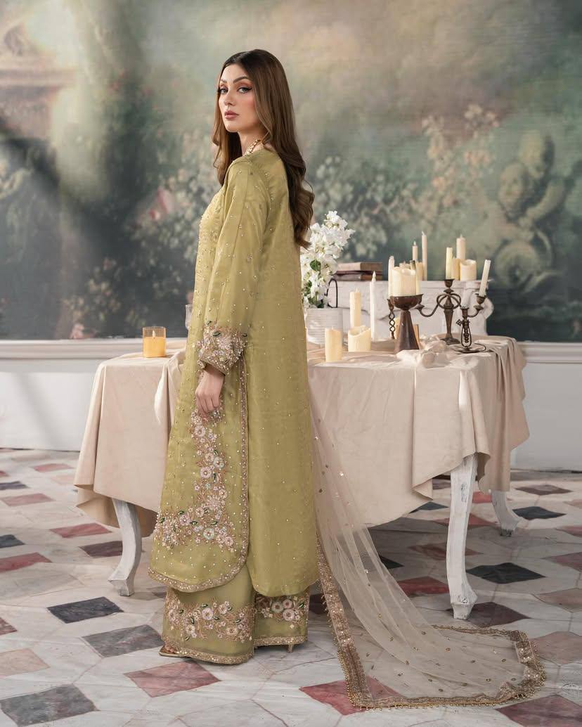 Pistachio Green Heavy Embroidered Straight Suit with Net Dupatta