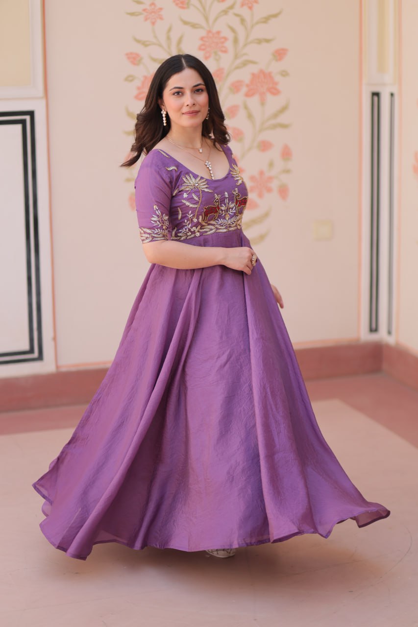 Lavender Silk Anarkali with Intricate Wildlife Embroidery