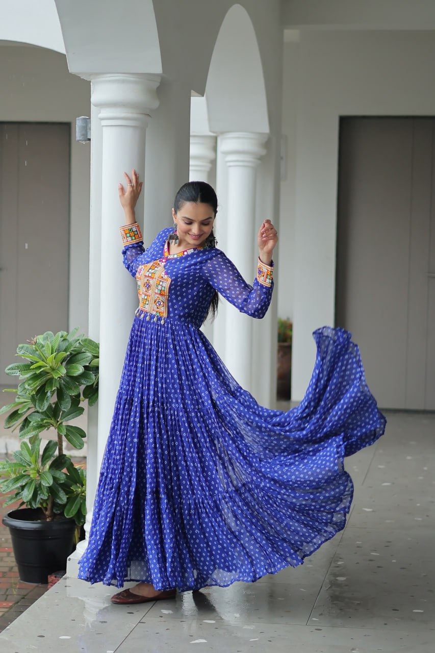 Traditional Bandhani Print Long Gown with Embroidered Yoke