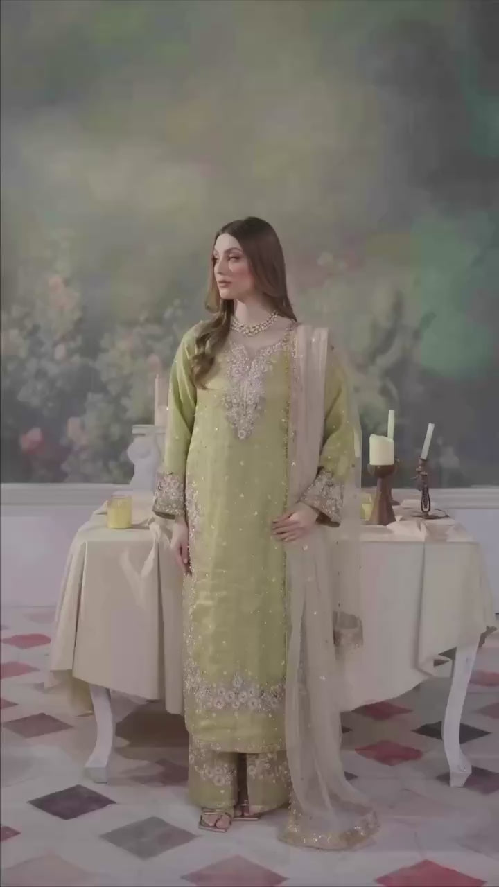 Pistachio Green Heavy Embroidered Straight Suit with Net Dupatta