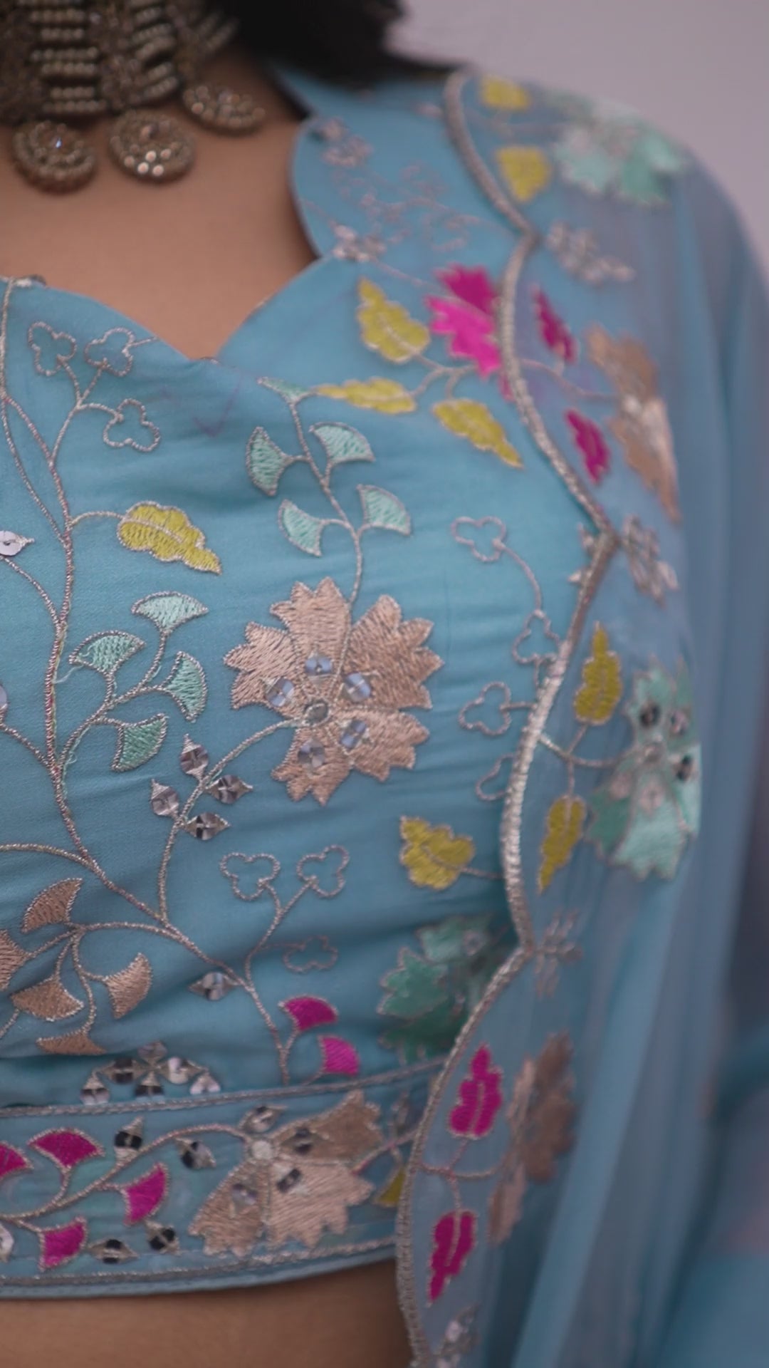 Aqua Blue Floral Embroidered Lehenga Choli with Dupatta