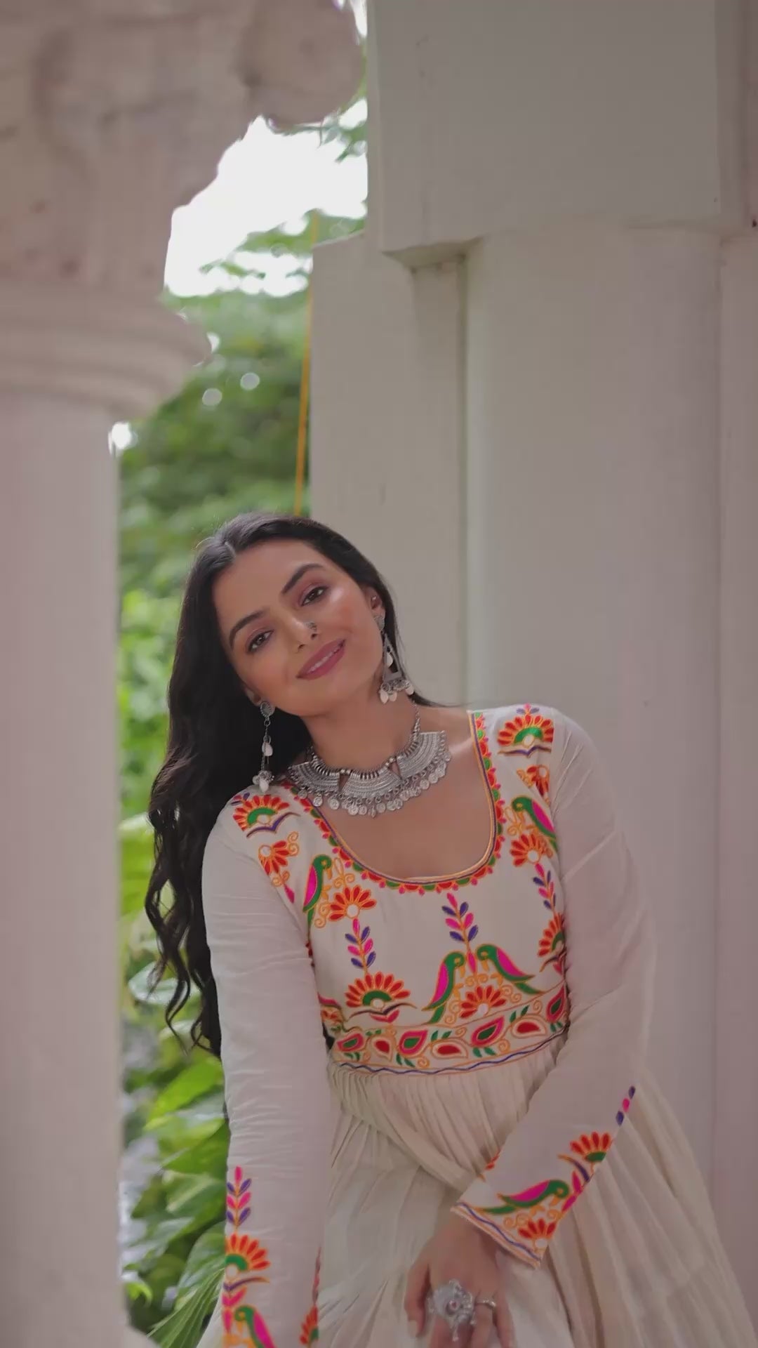 Cream Tiered Anarkali Gown with Vibrant Mirror Embroidery