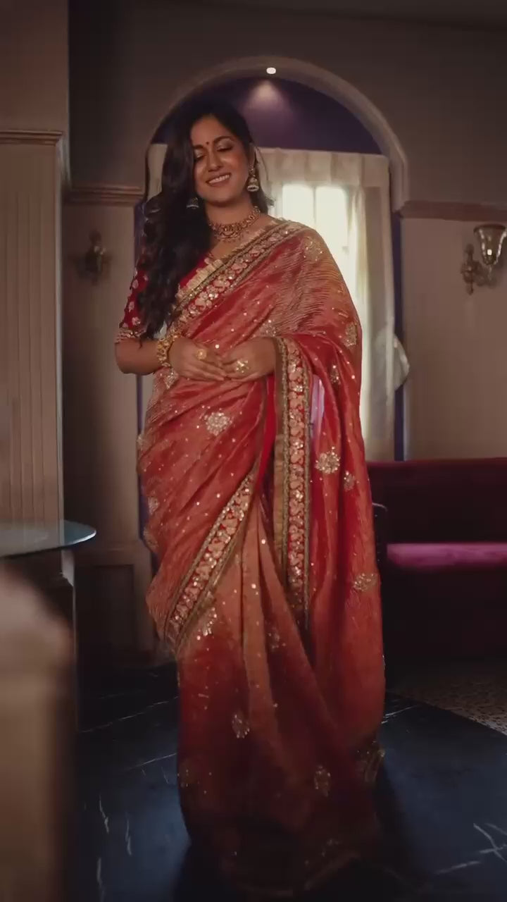 Copper Zari Embroidered Silk Saree with Rich Red Blouse