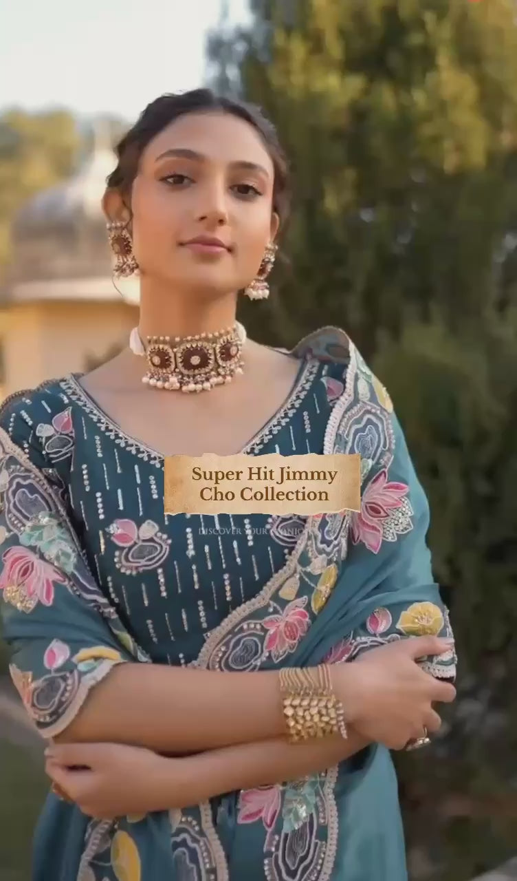 Elegant Teal Blue Embroidered Georgette Saree with Designer Blouse