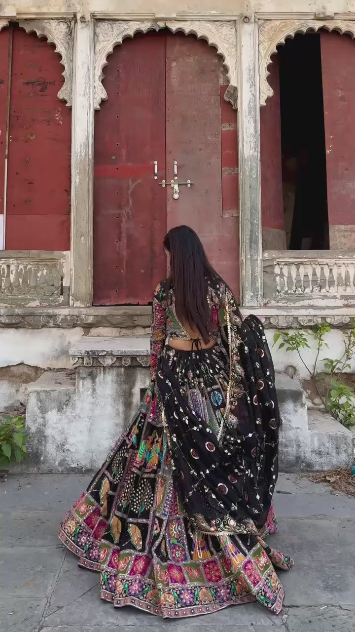 Royal Multicolor Hand-Embroidered Navratri Ghagra Choli with Black Dupatta