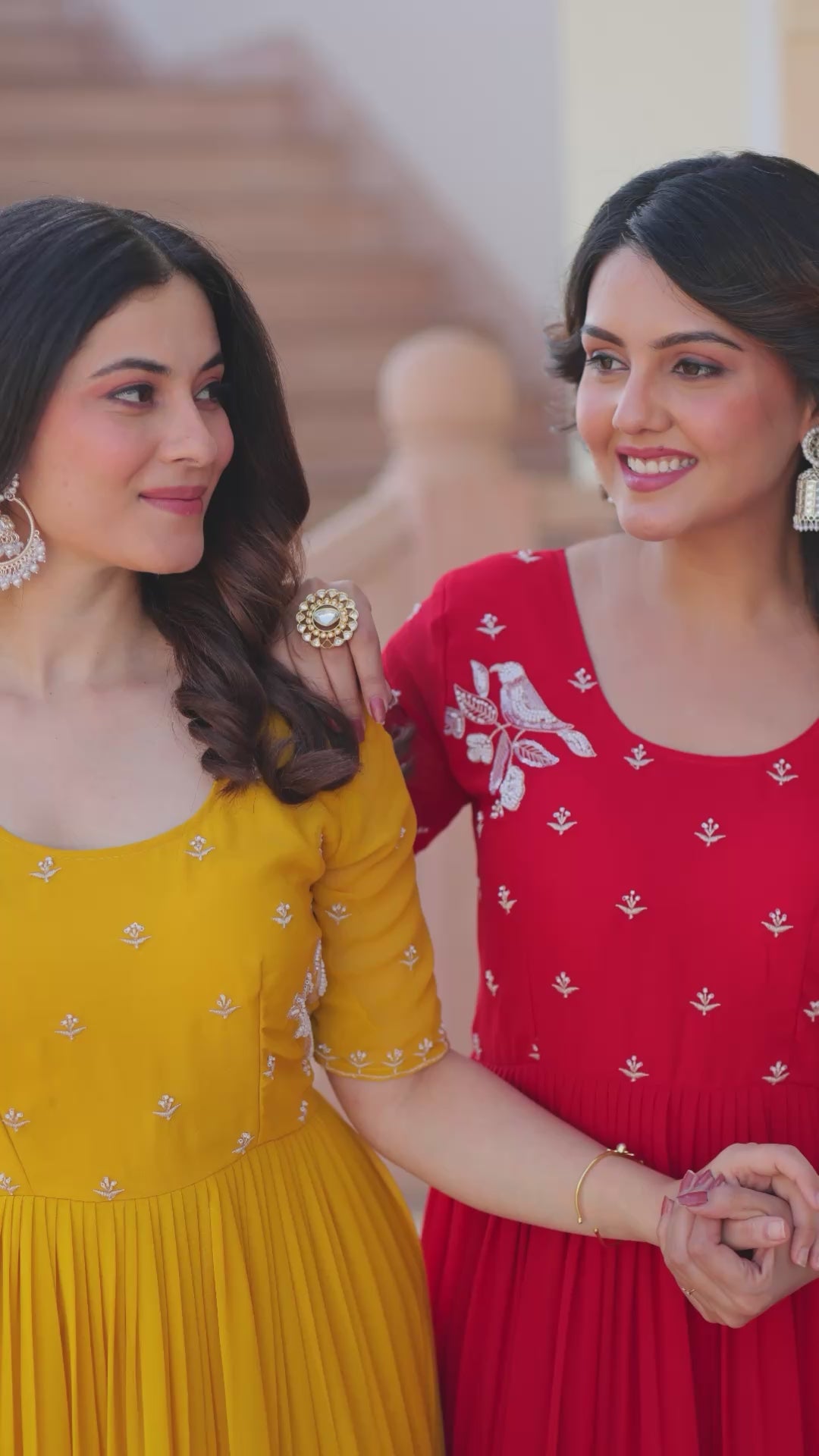 Festive Tiered Gowns in Sunshine Yellow & Scarlet Red