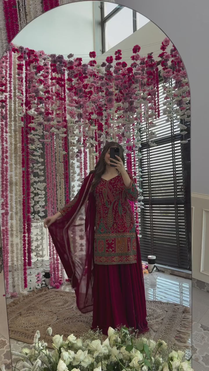 Maroon Ethnic Sharara Suit Set with Multicolor Embroidery – Festive & Wedding Wear for Women